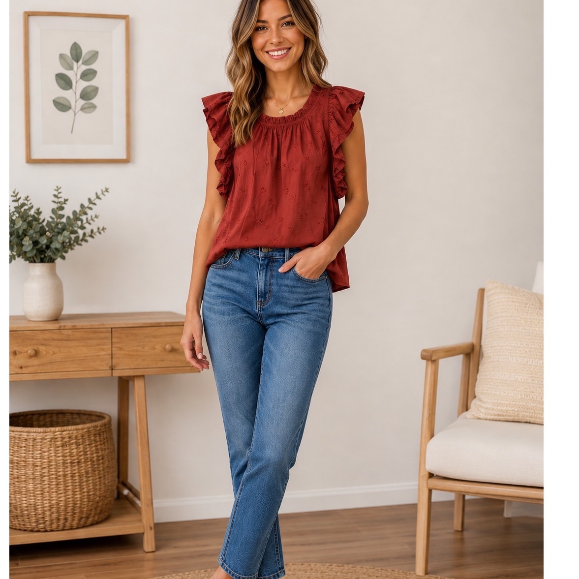 Ulla Johnson Rust Red Eyelet Ruffle Cotton Blouse Top Size 2 Sleeveless Clay